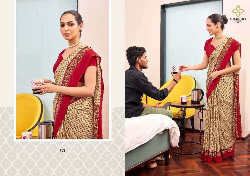 SHUBH SHREE CREATION PRESENTS FLORENCE 101-109 ELEGANT STYLE CRAPE SILK BEST SAREES CATALOG WHOLESALER AND EXPORTER IN SURAT