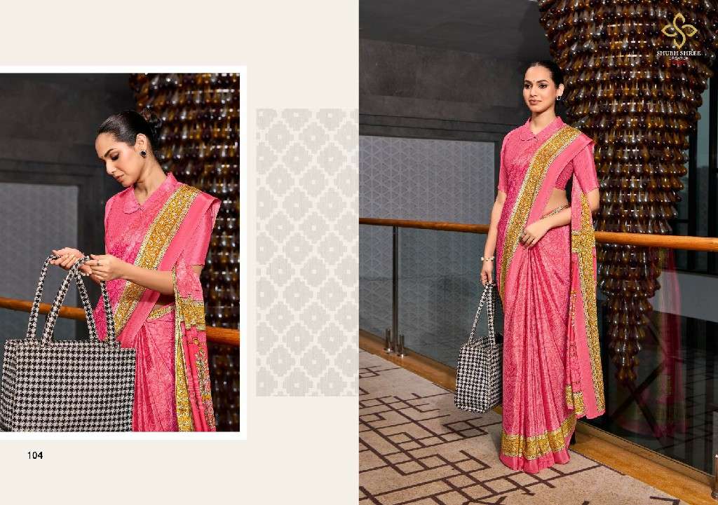 SHUBH SHREE CREATION PRESENTS FLORENCE 101-109 ELEGANT STYLE CRAPE SILK BEST SAREES CATALOG WHOLESALER AND EXPORTER IN SURAT
