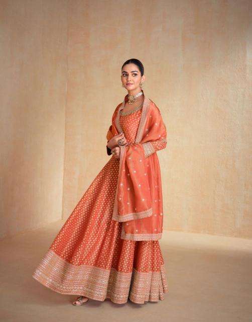 aashirwad creation presents banaras organza readymade designer gown with dupatta catalog wholesaler and exporter 