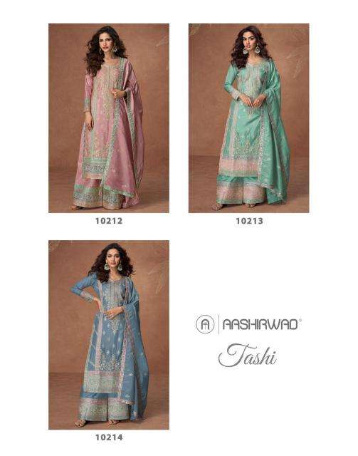 aashirwad creation presents tashi full stitch organza simar silk exclusive salwar suits catalog wholesaler and exporter 