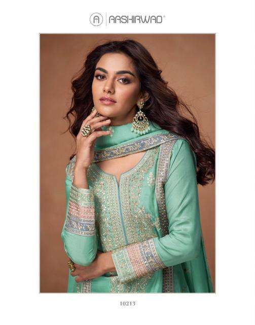 aashirwad creation presents tashi full stitch organza simar silk exclusive salwar suits catalog wholesaler and exporter 