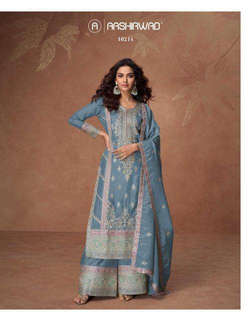 aashirwad creation presents tashi full stitch organza simar silk exclusive salwar suits catalog wholesaler and exporter 