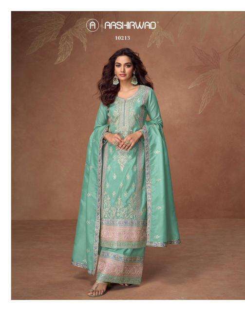 aashirwad creation presents tashi full stitch organza simar silk exclusive salwar suits catalog wholesaler and exporter 