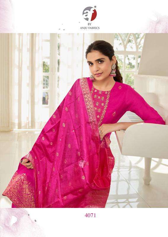 anju fab presents silk affair vol-5 fully stitch dola silk with jacquard party wear suit for womens catalog wholesaler and exporter 