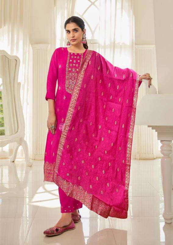 anju fab presents silk affair vol-5 fully stitch dola silk with jacquard party wear suit for womens catalog wholesaler and exporter 