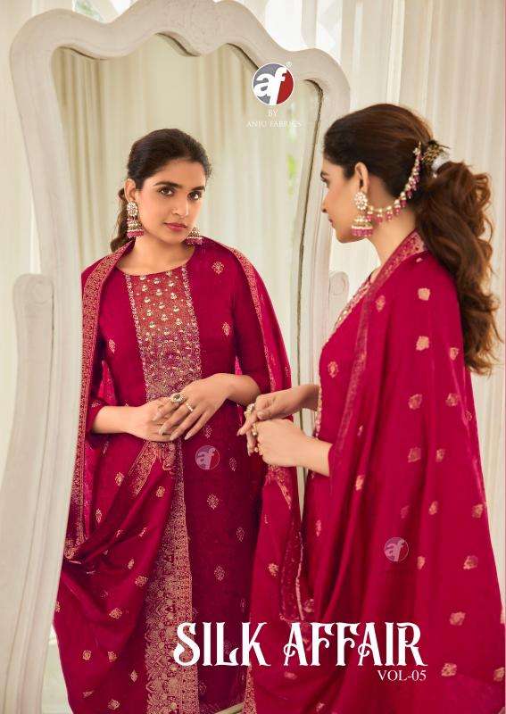 anju fab presents silk affair vol-5 fully stitch dola silk with jacquard party wear suit for womens catalog wholesaler and exporter 