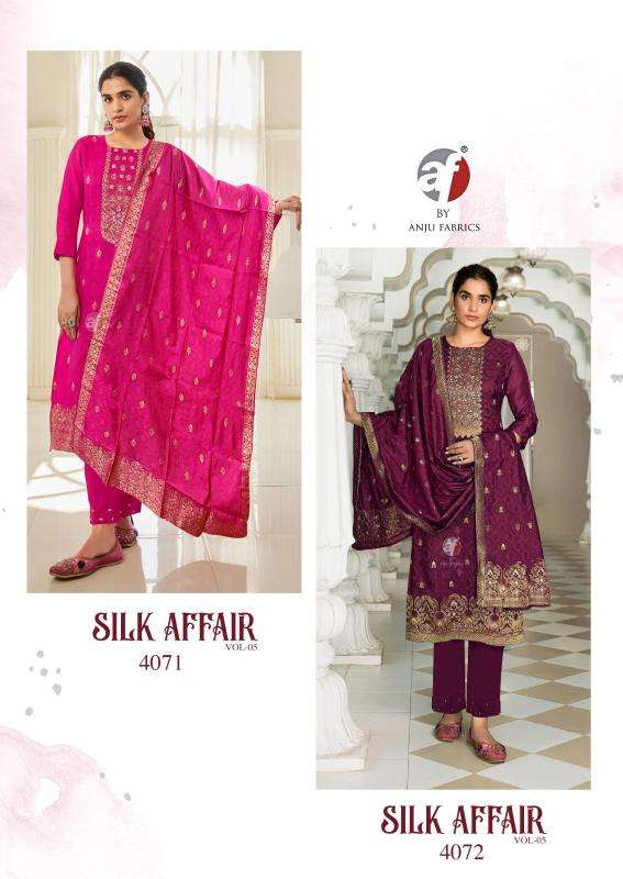 anju fab presents silk affair vol-5 fully stitch dola silk with jacquard party wear suit for womens catalog wholesaler and exporter 