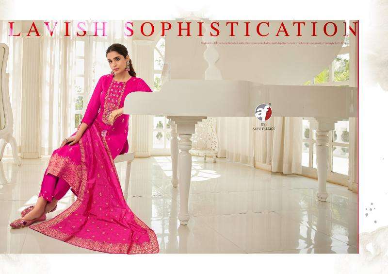 anju fab presents silk affair vol-5 fully stitch dola silk with jacquard party wear suit for womens catalog wholesaler and exporter 