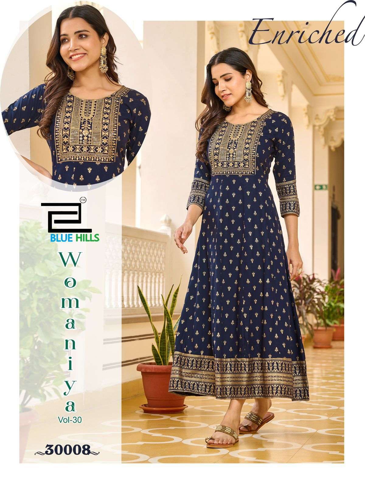 blue hills presents womaniya vol-30 gown style kurtis catalog wholesaler and exporter 