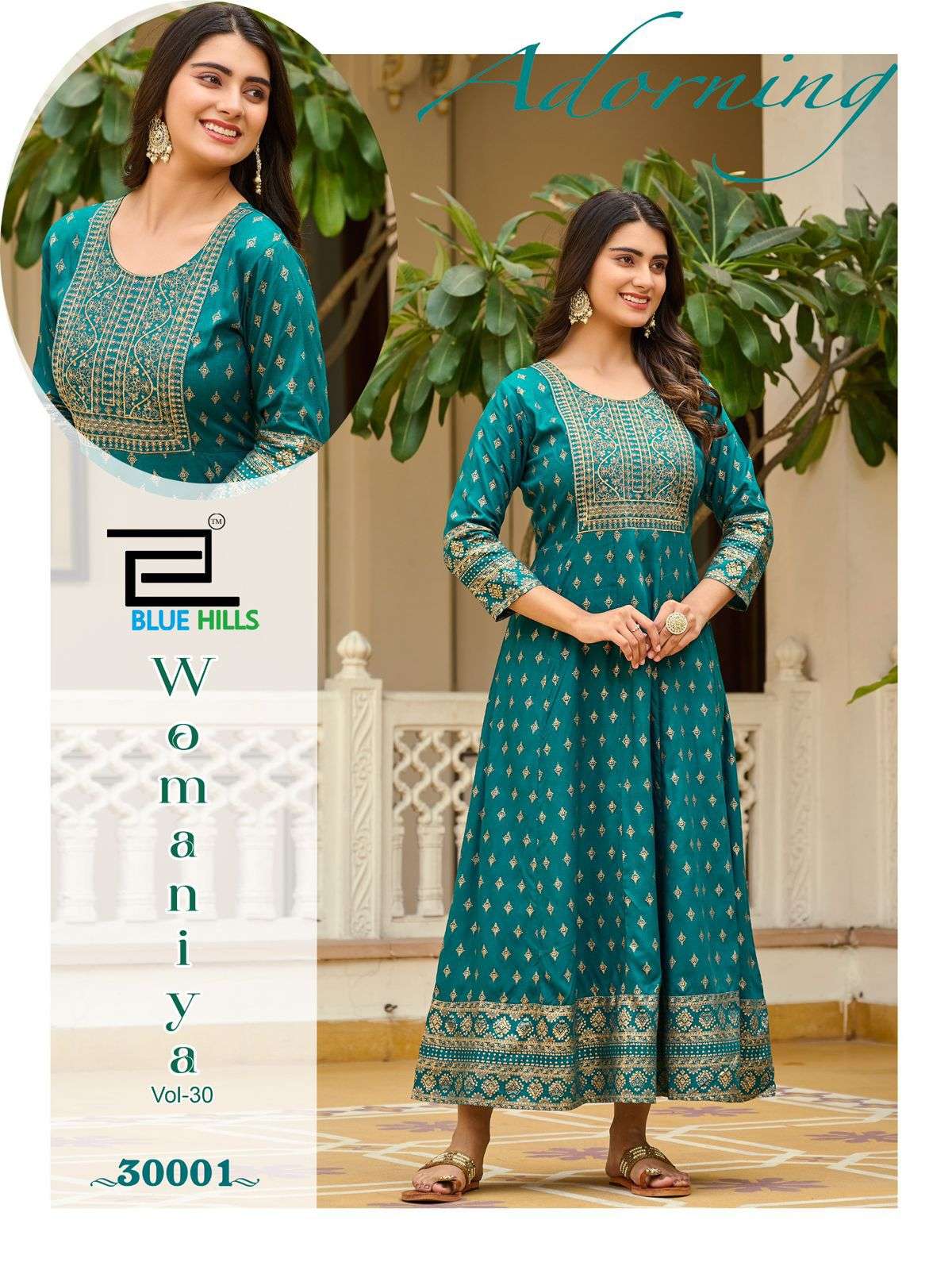blue hills presents womaniya vol-30 gown style kurtis catalog wholesaler and exporter 