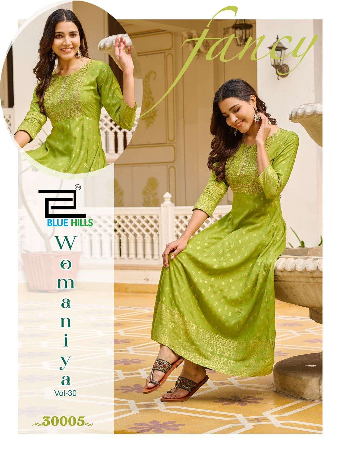 blue hills presents womaniya vol-30 gown style kurtis catalog wholesaler and exporter 