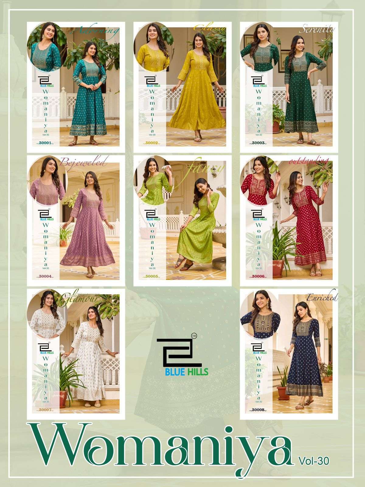 blue hills presents womaniya vol-30 gown style kurtis catalog wholesaler and exporter 