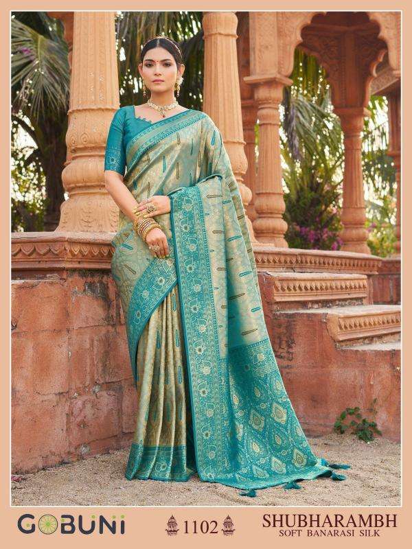 gobuni presents shubharambh 1101-1106 banarasi silk best sarees catalog wholesaler and exporter in surat