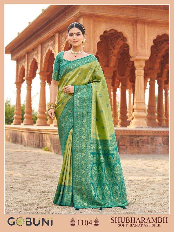 gobuni presents shubharambh 1101-1106 banarasi silk best sarees catalog wholesaler and exporter in surat