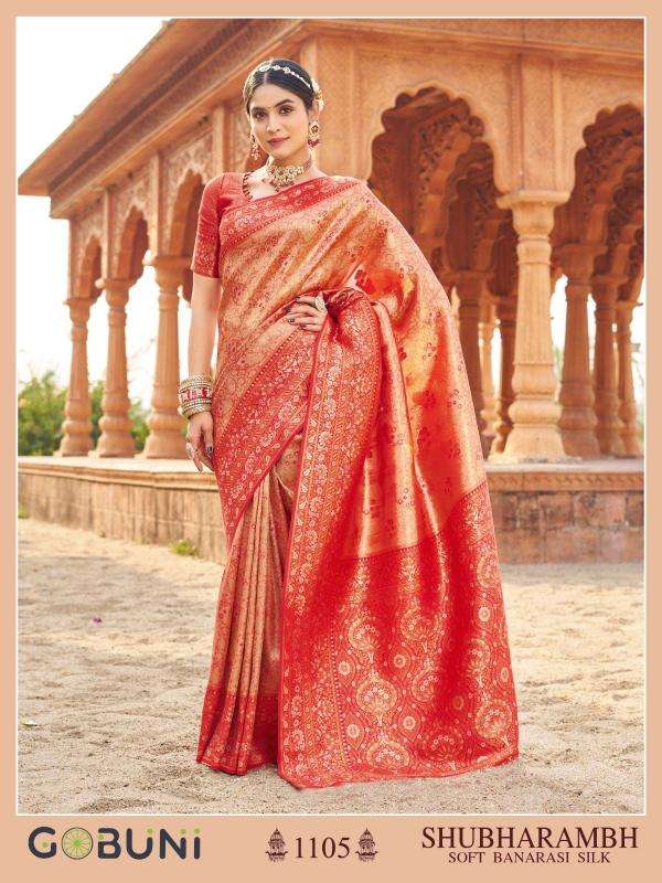 gobuni presents shubharambh 1101-1106 banarasi silk best sarees catalog wholesaler and exporter in surat