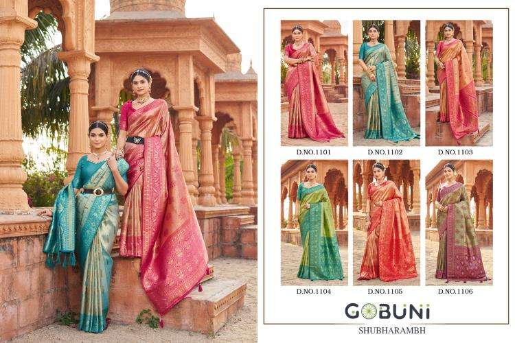 gobuni presents shubharambh 1101-1106 banarasi silk best sarees catalog wholesaler and exporter in surat