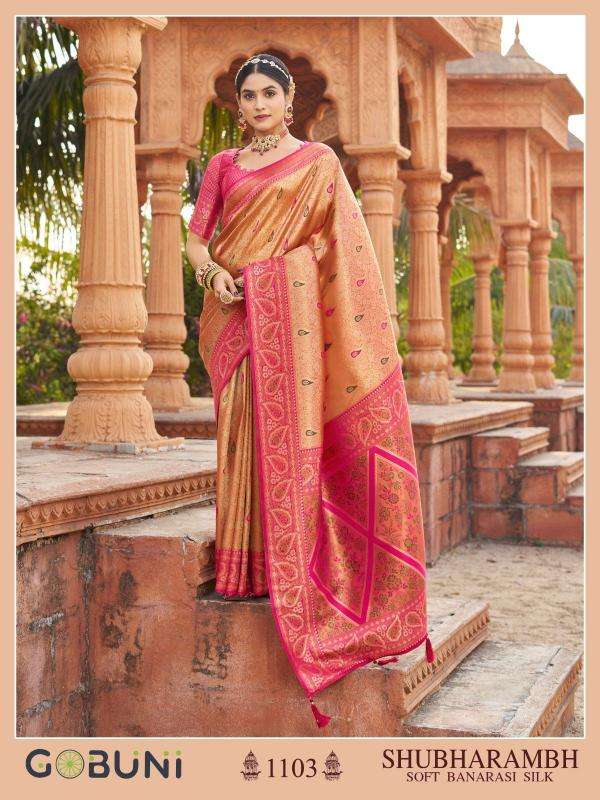 gobuni presents shubharambh 1101-1106 banarasi silk best sarees catalog wholesaler and exporter in surat