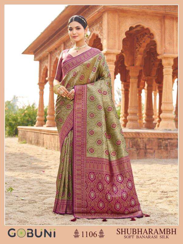 gobuni presents shubharambh 1101-1106 banarasi silk best sarees catalog wholesaler and exporter in surat