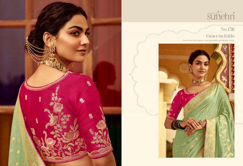 KIMORA PRESENTS SUNEHRI RANG MAHAL WEDDING STYLE FANCY PURE DOLA SILK SAREE CATALOG WHOLESALER AND EXPORTER 