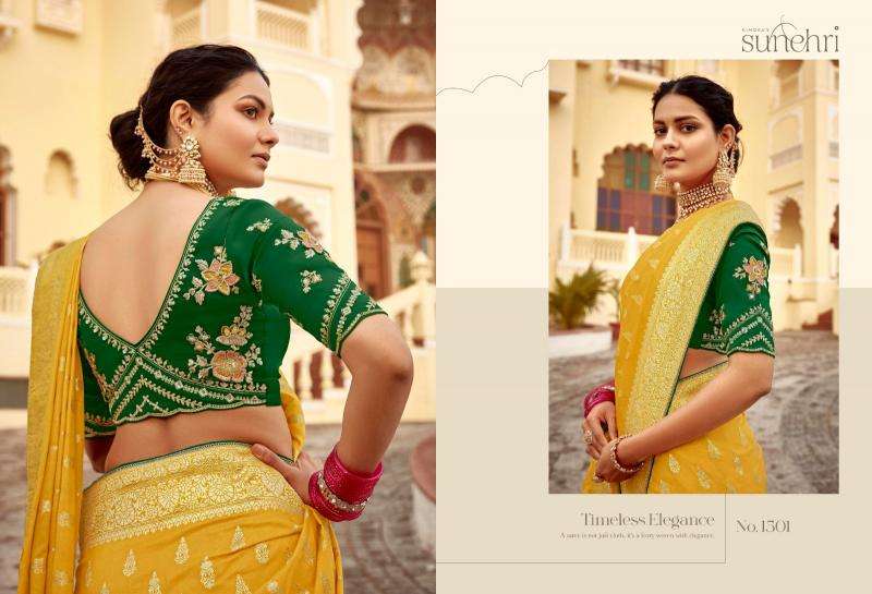 KIMORA PRESENTS SUNEHRI RANG MAHAL WEDDING STYLE FANCY PURE DOLA SILK SAREE CATALOG WHOLESALER AND EXPORTER 