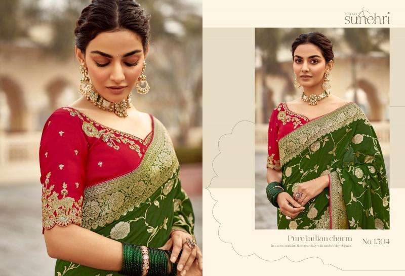 KIMORA PRESENTS SUNEHRI RANG MAHAL WEDDING STYLE FANCY PURE DOLA SILK SAREE CATALOG WHOLESALER AND EXPORTER 
