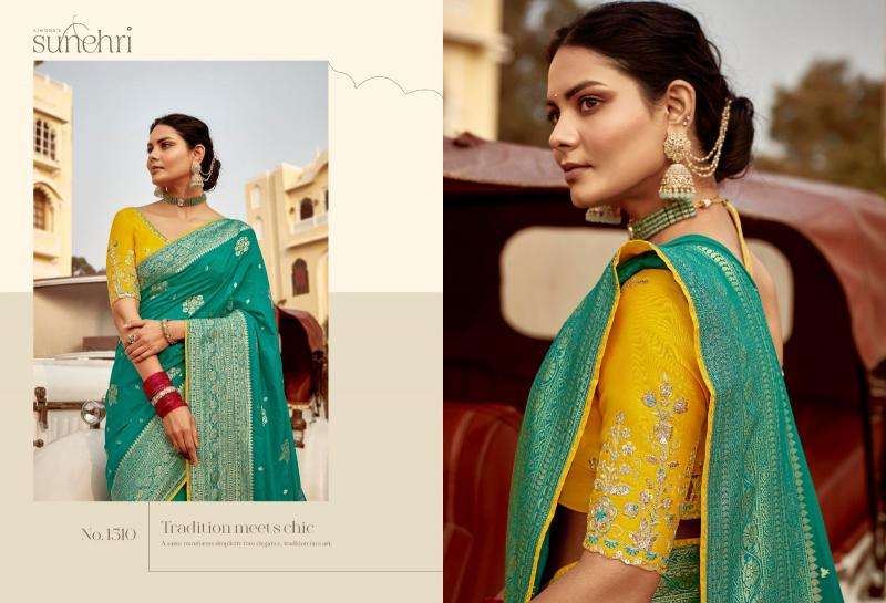 KIMORA PRESENTS SUNEHRI RANG MAHAL WEDDING STYLE FANCY PURE DOLA SILK SAREE CATALOG WHOLESALER AND EXPORTER 