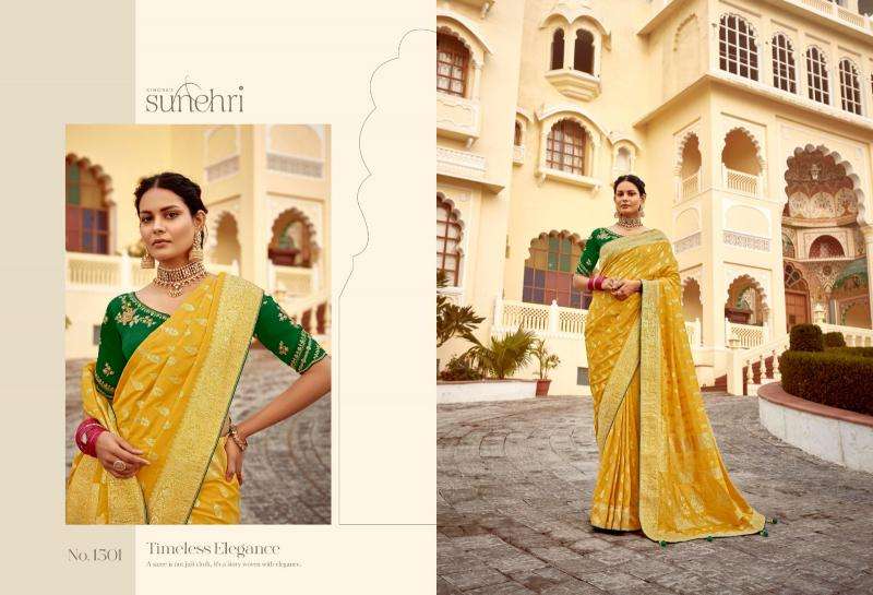 KIMORA PRESENTS SUNEHRI RANG MAHAL WEDDING STYLE FANCY PURE DOLA SILK SAREE CATALOG WHOLESALER AND EXPORTER 