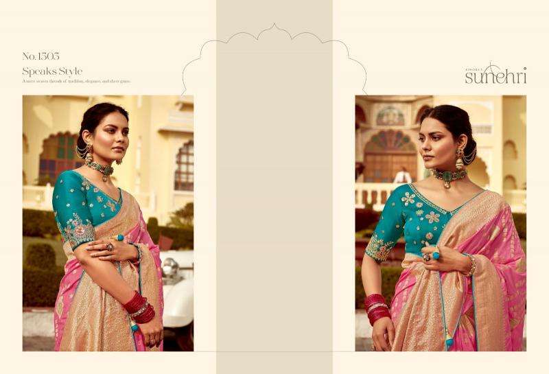 KIMORA PRESENTS SUNEHRI RANG MAHAL WEDDING STYLE FANCY PURE DOLA SILK SAREE CATALOG WHOLESALER AND EXPORTER 