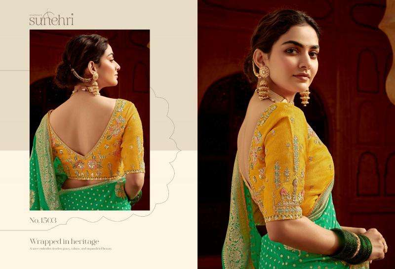 KIMORA PRESENTS SUNEHRI RANG MAHAL WEDDING STYLE FANCY PURE DOLA SILK SAREE CATALOG WHOLESALER AND EXPORTER 