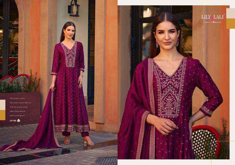 Lily & Lali Presents Anarkali Readymade Vichitra Silk Handwork 3pcs Kurtis Catalog Wholesaler And Exporter 