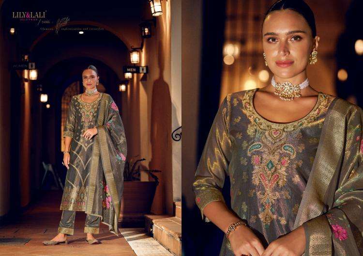 lily & lali presents faridan vol-2 fully stitch banarasi simar jari silk designer ladies kurtis catalog wholesaler and exporter 