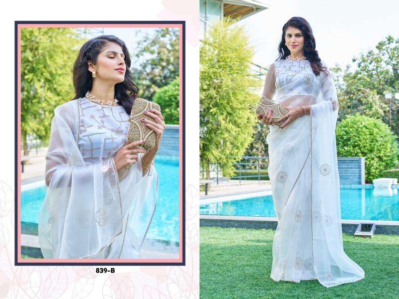 Mehek Presents 839a- 839e Organza Designer Affordable Sarees For Every Occasion Catalog Wholesaler And Exporter In Surat