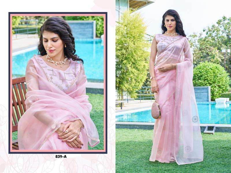 Mehek Presents 839a- 839e Organza Designer Affordable Sarees For Every Occasion Catalog Wholesaler And Exporter In Surat