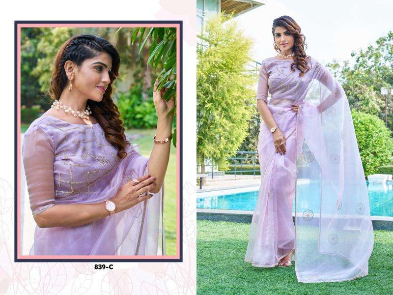 Mehek Presents 839a- 839e Organza Designer Affordable Sarees For Every Occasion Catalog Wholesaler And Exporter In Surat