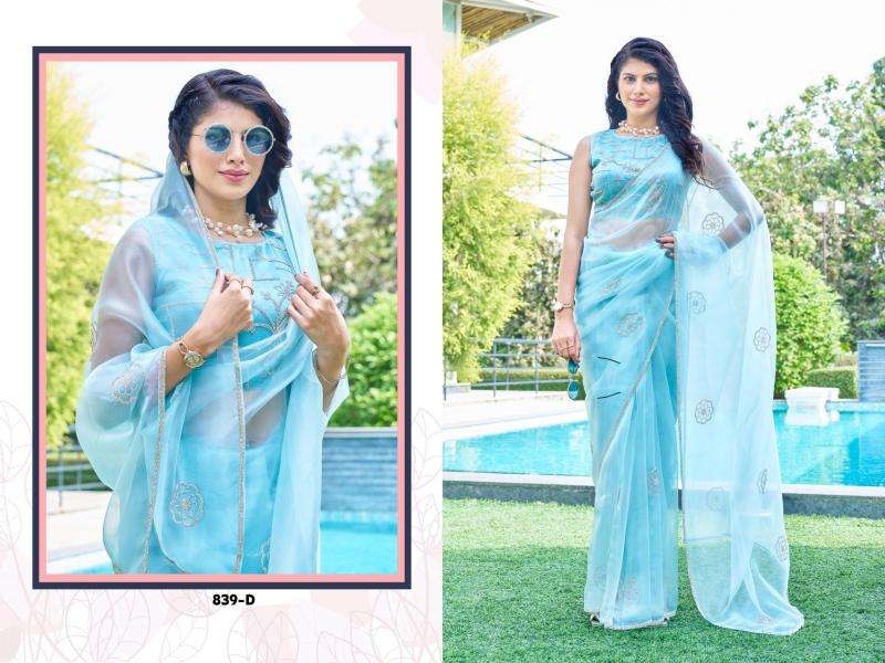 Mehek Presents 839a- 839e Organza Designer Affordable Sarees For Every Occasion Catalog Wholesaler And Exporter In Surat
