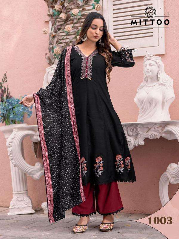 mittoo presents baarati  fully stitch vichitra 3pcs dress for womens catalog wholesaler and exporter 