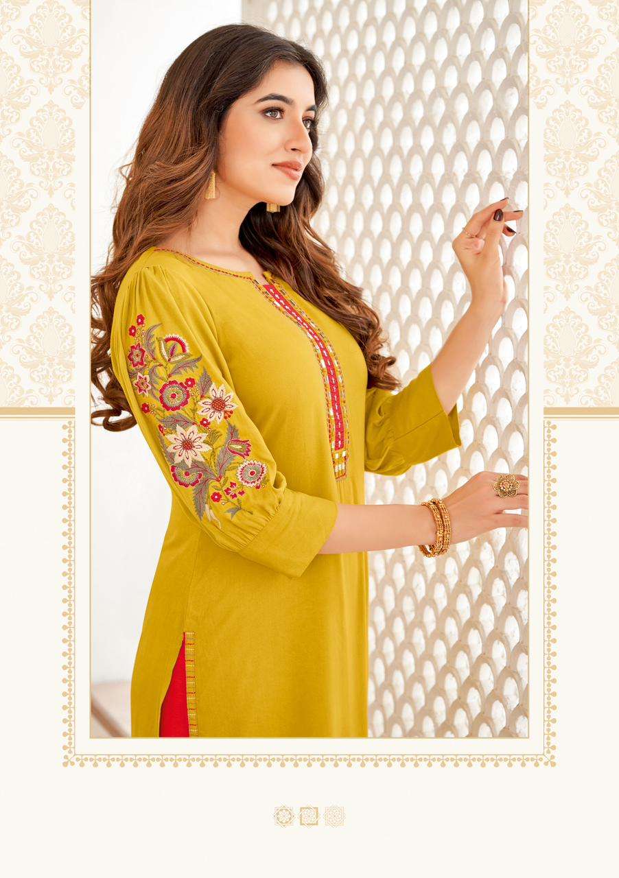 MITTOO PRESENTS KAAMIYA FANCY RAYON KURTIS CATALOG WHOLESALER AND EXPORTER IN SURAT