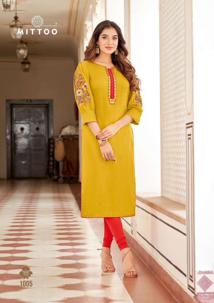 MITTOO PRESENTS KAAMIYA FANCY RAYON KURTIS CATALOG WHOLESALER AND EXPORTER IN SURAT