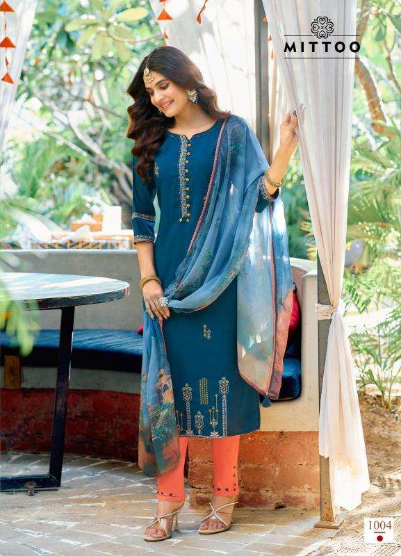mittoo presents khoobsurat viscose weaving readymade elegant style 3pcs kurtis catalog wholesaler and exporter 