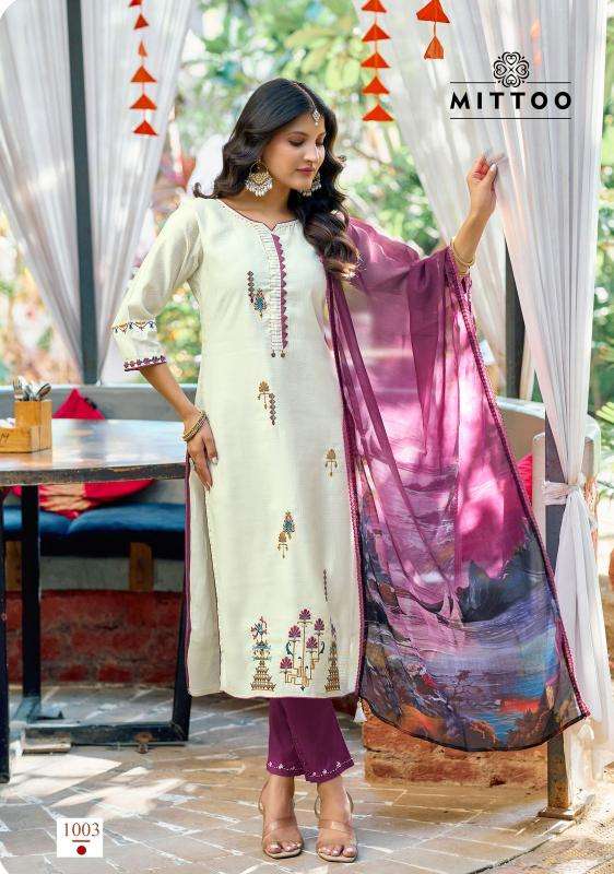 mittoo presents khoobsurat viscose weaving readymade elegant style 3pcs kurtis catalog wholesaler and exporter 