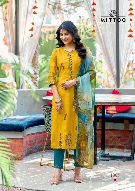 mittoo presents khoobsurat viscose weaving readymade elegant style 3pcs kurtis catalog wholesaler and exporter 