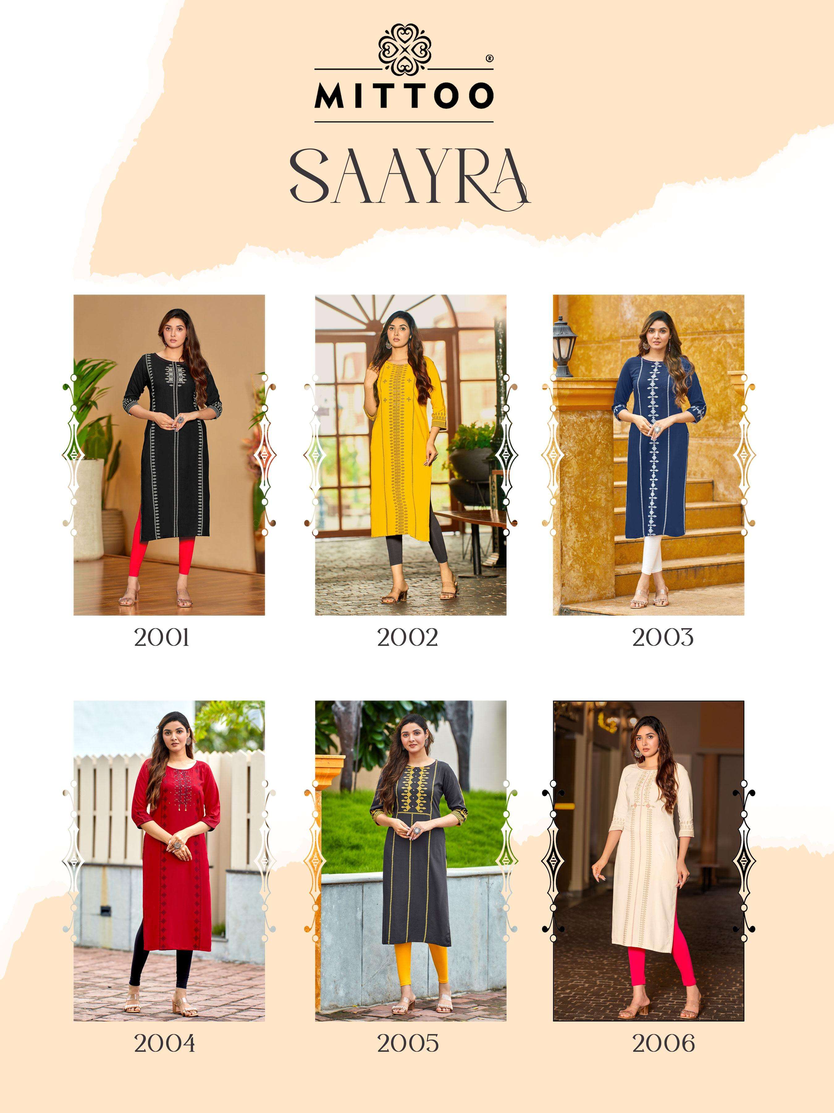 MITTOO PRESENTS SAAYRA FANCY RAYON KURTIS CATALOG WHOLESALER AND EXPORTER IN SURAT