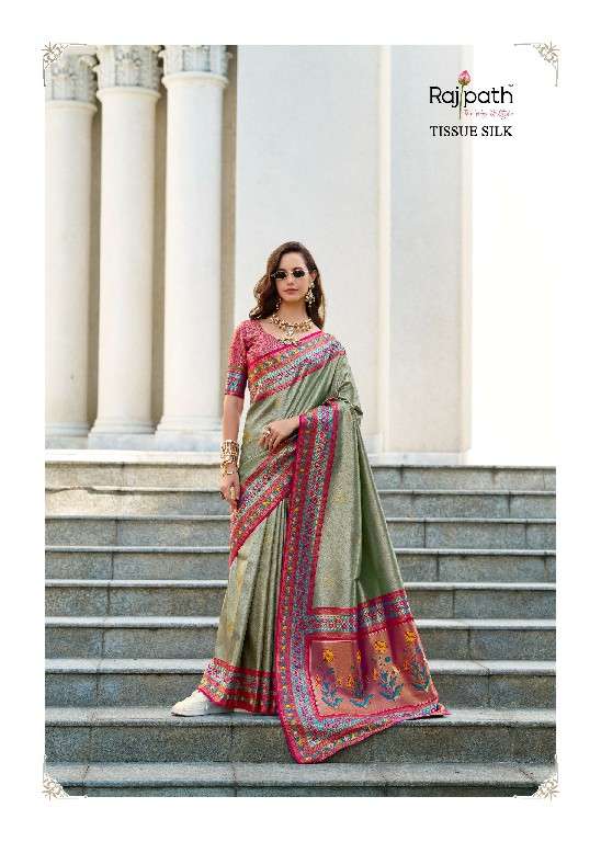 Rajpath Presents Rajkumari Wholesale Tissue Silk Party Wear Sarees Catalog Wholesaler And Exporter In Surat