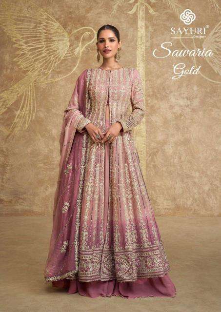 sayuri designer presents sawaria gold georgette readymade classic indo western dress catalog wholesaler and exporter in surat