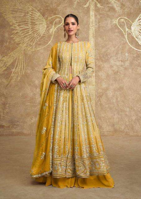 sayuri designer presents sawaria gold georgette readymade classic indo western dress catalog wholesaler and exporter in surat
