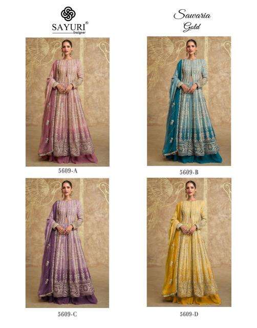 sayuri designer presents sawaria gold georgette readymade classic indo western dress catalog wholesaler and exporter in surat