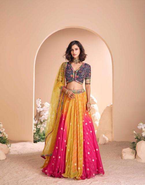 sayuri designer presents sawaymvar viscose jacquard silk full stitch wedding special lehenga catalog wholesaler and exporter in surat