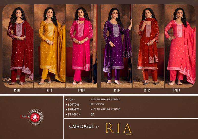 triple a presents ria vol-3 muslin lakhnavi jacquard classic dress material catalog wholesaler and exporter 