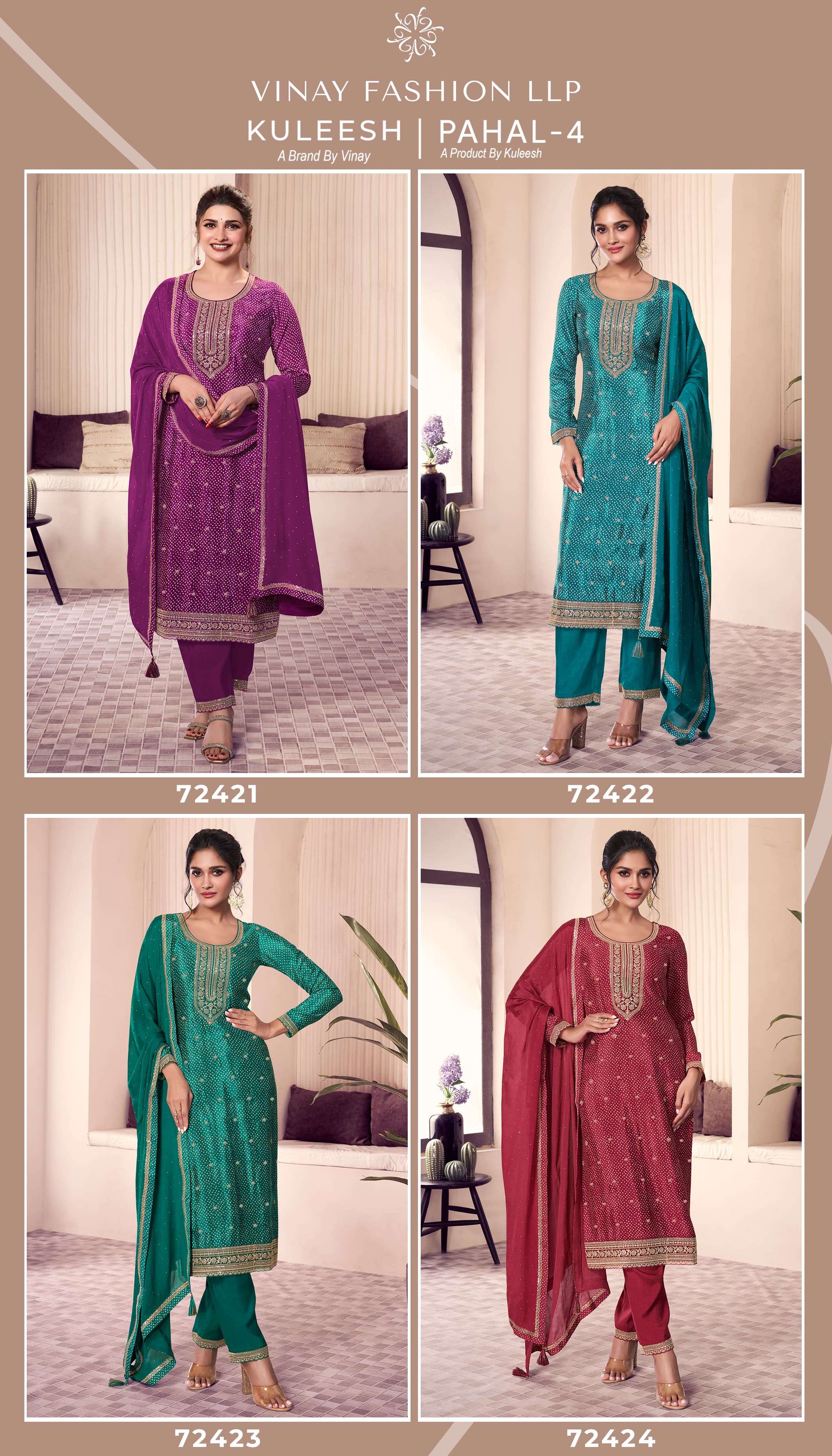 VINAY PRESENTS PAHAL VOL-4 FANCY CHINON SILK SALWAR SUITS CATALOG WHOLESALER AND EXPORTER IN SURAT