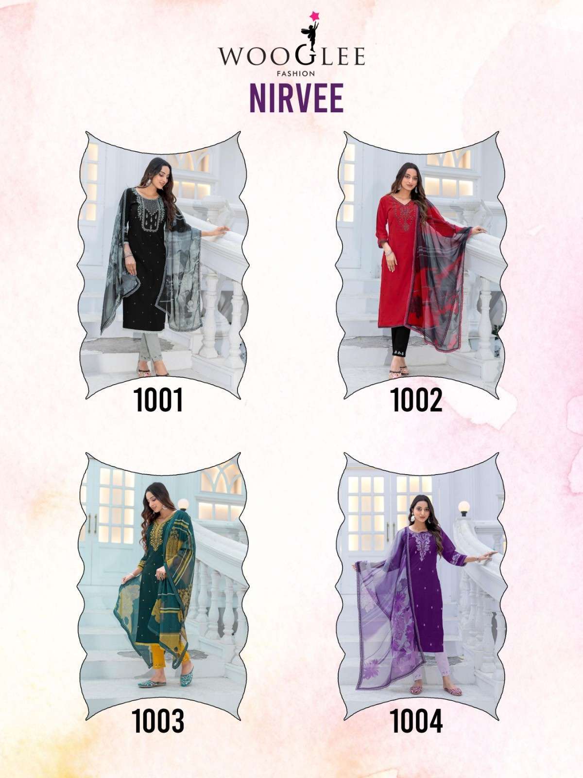 wooglee presents nirvee 1001-1004 modal readymade classic 3pcs dress catalog wholesaler and exporter 